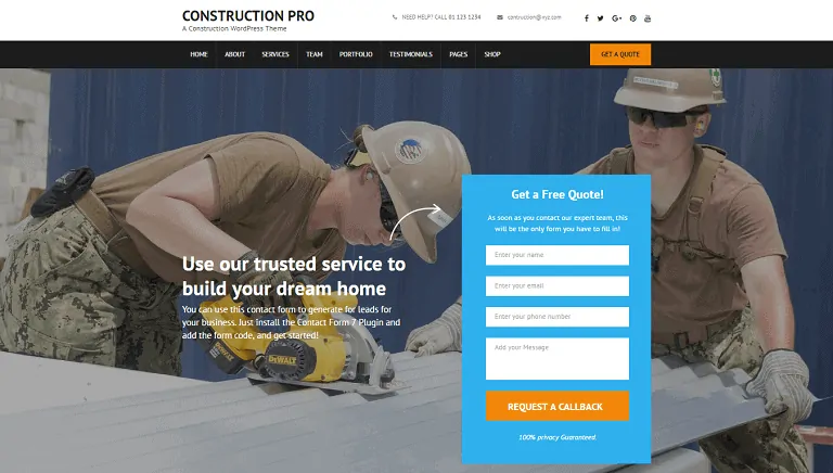 Construction landing page pro WordPress theme