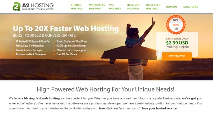 Homepage of A2 Hosting 