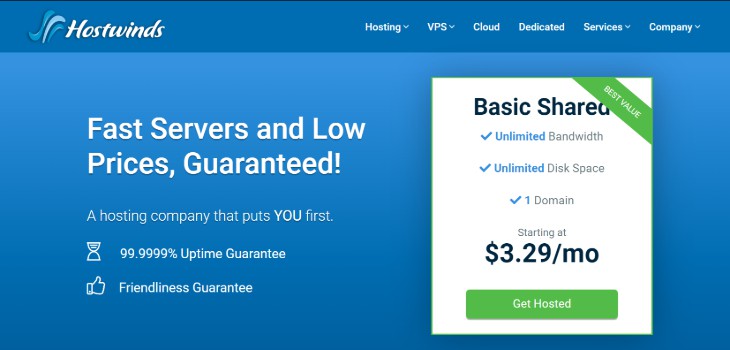 Homepage of the Hostwinds Website Hosting Service Provider