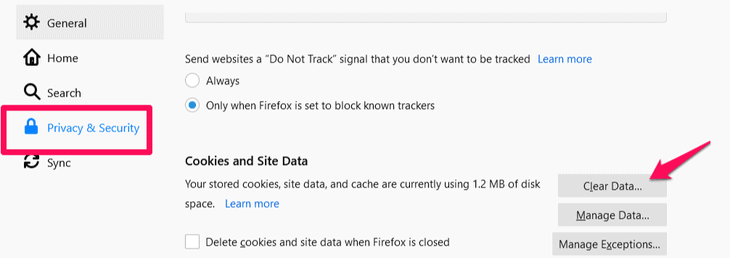Cookies and site data option on firefox