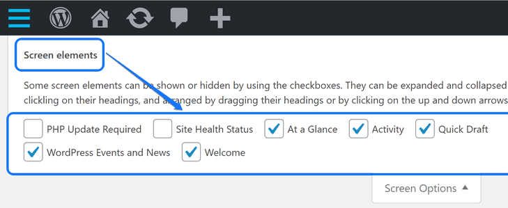 Displaying all the screen elements inside drop-down menu of Screen Options option in WordPress