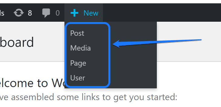 Displaying the drop-down menu below the New button in the WordPress toolbar