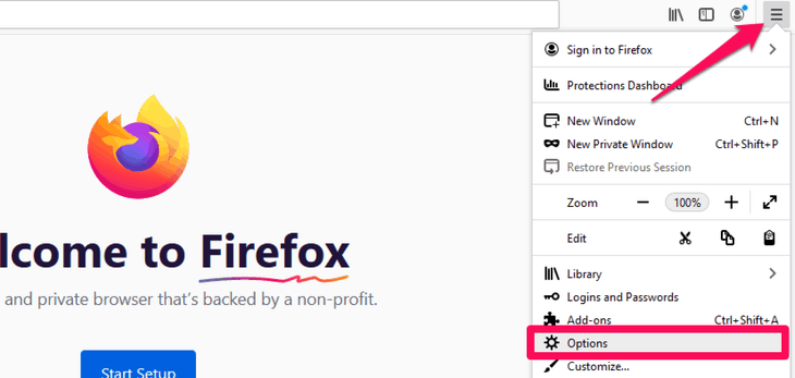 Go to options on Firefox