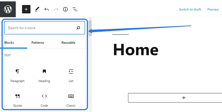 Highlighting different blocks inside the drop-down below the Plus (+) icon in WordPress