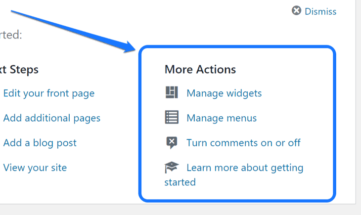 Highlighting the More Actions section in the WordPress dashboard’s work area