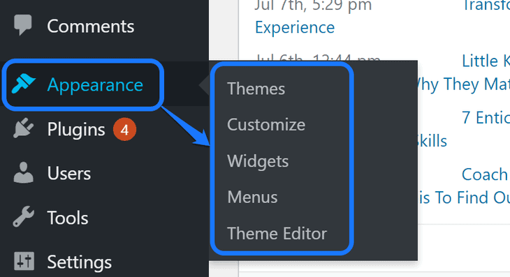 Highlighting the buttons inside the Appearance option of WordPress sidebar