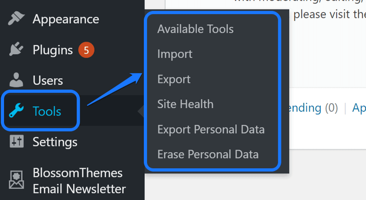 Highlighting the buttons inside the Tools option of WordPress’s sidebar