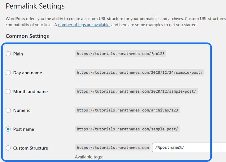 Highlighting the common URL settings in WordPress’s Permalink page