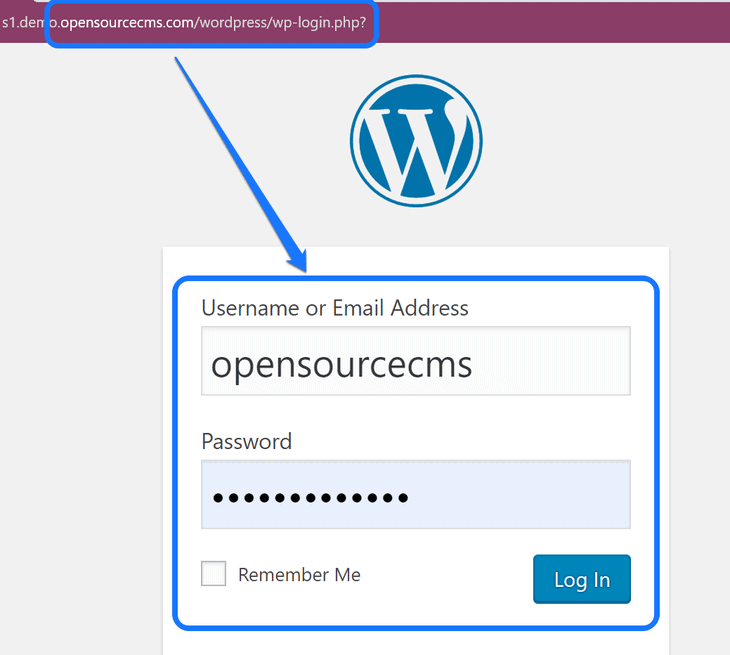 Inserting the username and password in the WordPress login panel