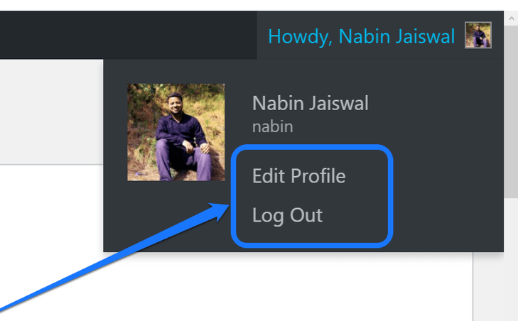 Pointing at the Edit Profile and LogOut buttons below the user’s avatar