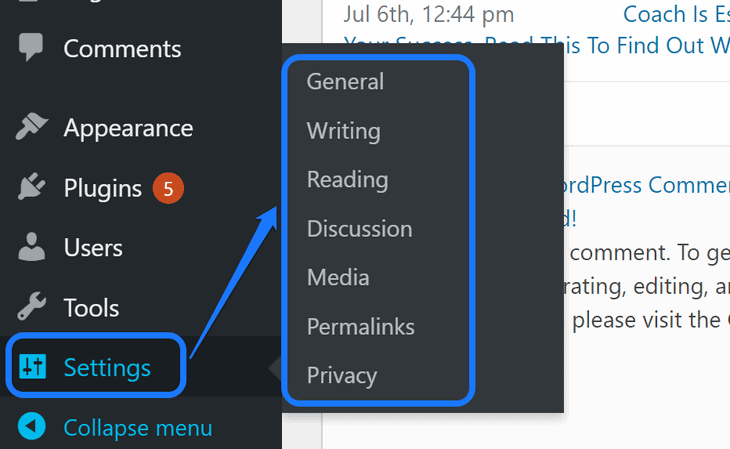 Pointing at the buttons at the Settings option in WordPress sidebar