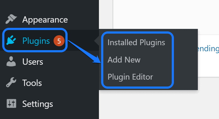Pointing at the buttons inside the Plugins option in WordPress sidebar