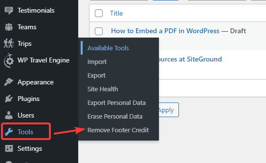 how to remove footer credit plugin access on dashboard