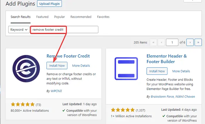 install the Remove footer credit plugin
