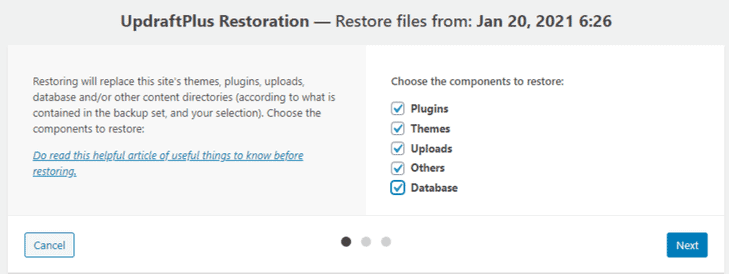 updraftplus backup restore files selection