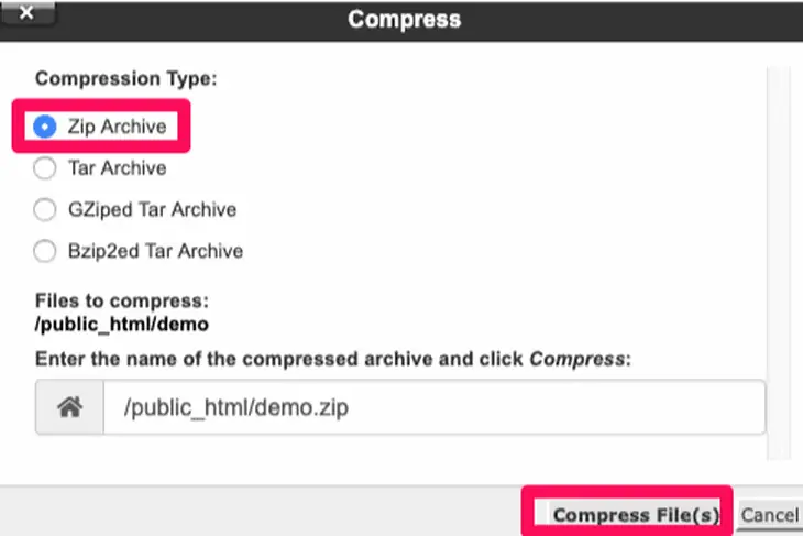 website folder compression option
