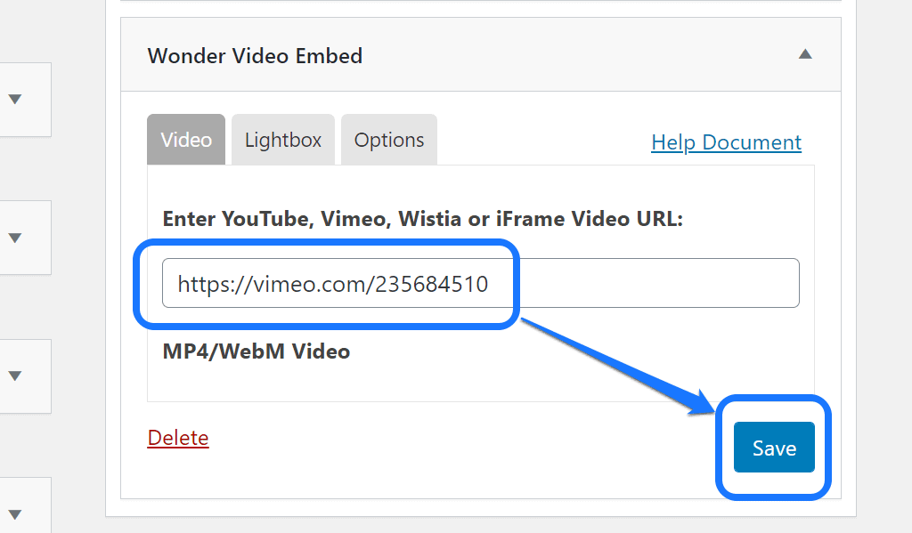 Entering the URL of a Video video and pointing at the Save button in WordPress