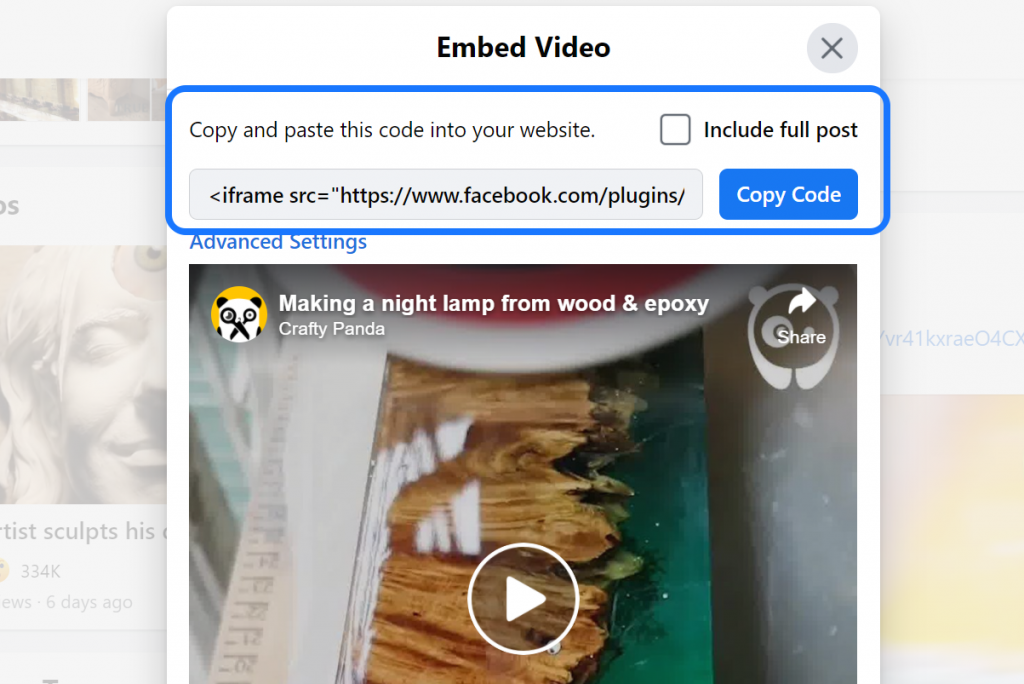 Highlighting the embedding shortcode of a Facebook video