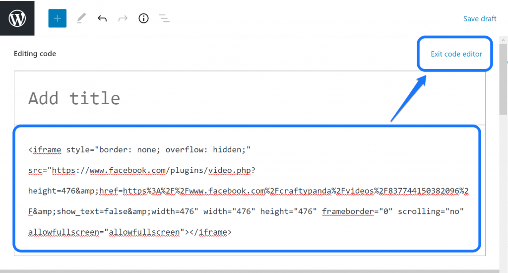 Highlighting the iframe shortcode from Facebook into WordPress’s page editor