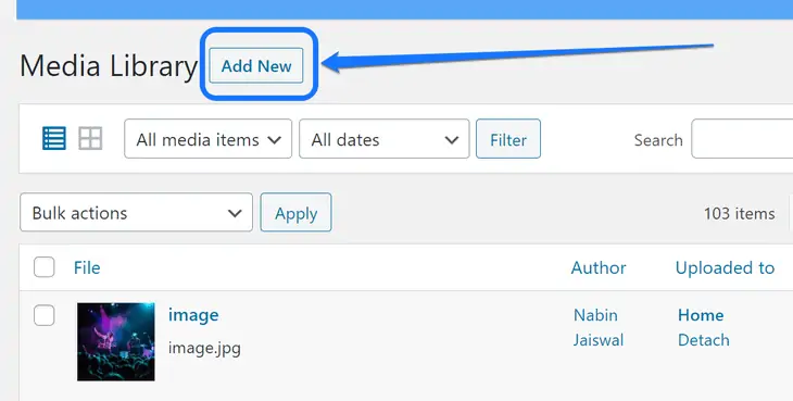 Pointing at the Add New button at the side of page title in Media Library of WordPress
