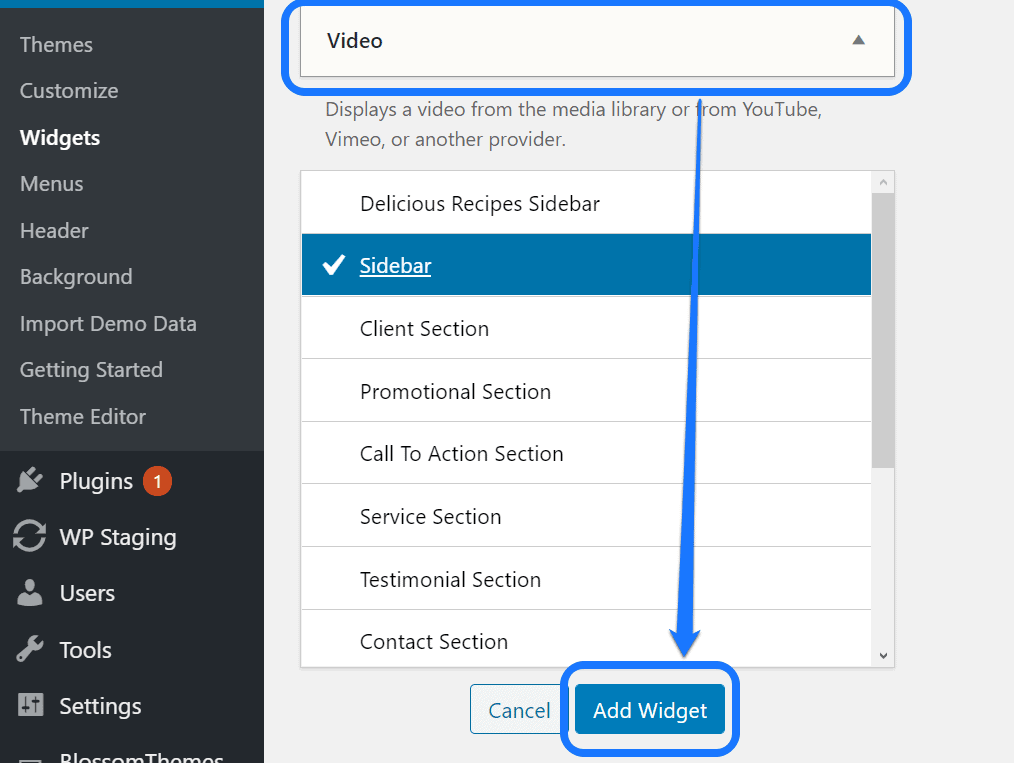 Pointing at the Add Widget button inside the Video menu in the Widgets page of WordPress