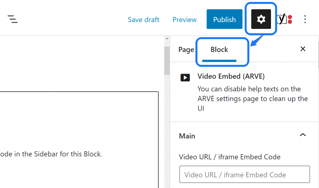 Pointing at the Block section inside the right sidebar in WordPress page editor