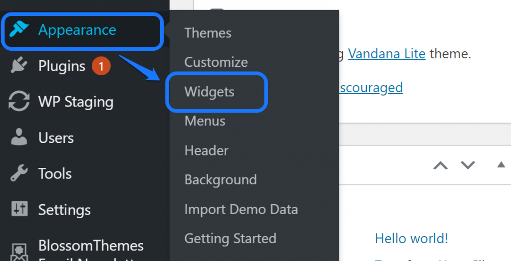 Pointing at the Widgets button inside Appearance’s drop-down menu in WordPress