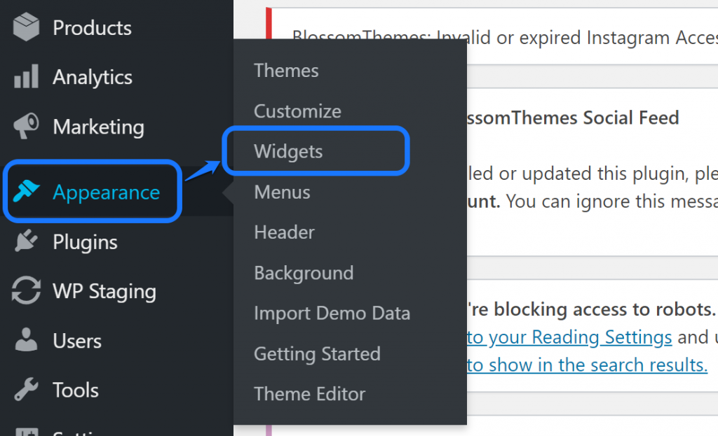 Pointing at the Widgets button inside the drop-down menu of Appearance option in WordPress’s sidebar