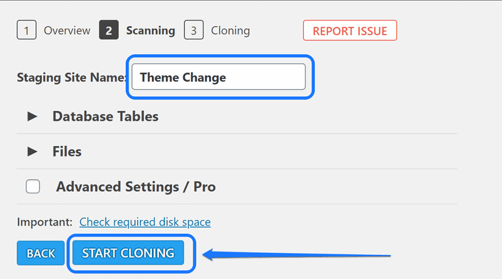 Entering the Staging Site Name and pointing at the Start Cloning button in WordPress