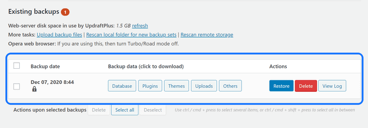 Highlighting the backup files generated by the UpdraftPlus WordPress plugin