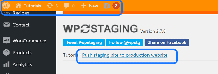 Highlighting the yellow header bar and the tutorial button to Push staging site to production website