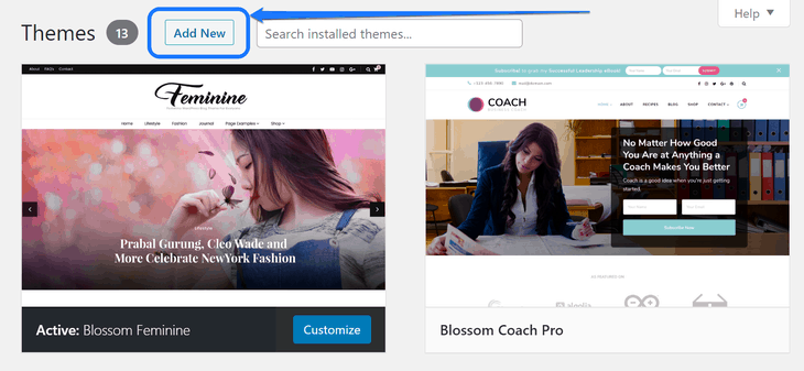 Pointing at the Add New button at the top of the Themes page in WordPress