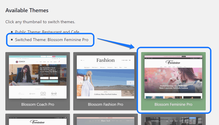  Pointing at the Blossom Feminine Pro theme in the list of Available Themes in Theme Switcha plugin's dashboard