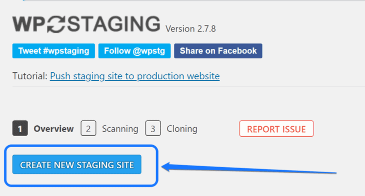 Pointing at the Create New Staging Site button inside the WP Staging plugin's dashboard