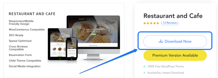 Pointing at the Download Now button of the Restaurant and Cafe plugin's sales page