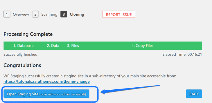 Pointing at the Open Staging Site button inside WP Staging plugin’s dashboard