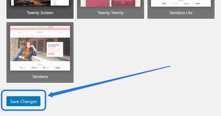 Pointing at the Save Changes button situated at the bottom of the Theme Switcha plugin’s dashboard