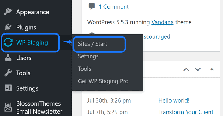 Pointing at the Sites_Start button inside the WP Staging option in WordPress’s sidebar.png