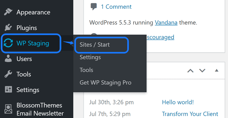 Pointing at the Sites_Start button inside the WP Staging option in WordPress's sidebar.png