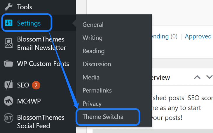 Pointing at the Theme Switcha plugin inside Settings option in WordPress’s sidebar