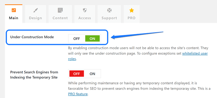 Pointing at the adjustment setting to enable the Under Construction Mode in WordPress