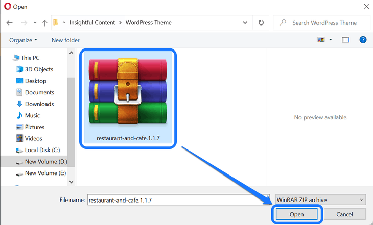 Selecting the theme’s .zip file from your hard drive and pointing at the Open button