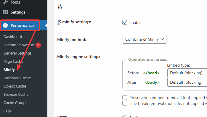 Minify setting options