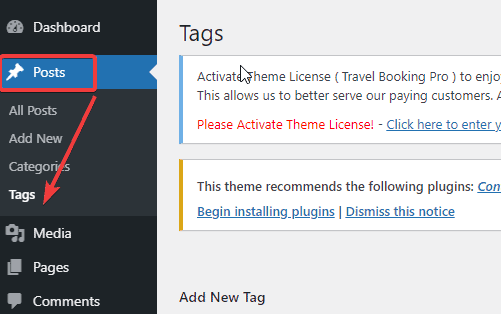 Tags option on WordPress dashboard