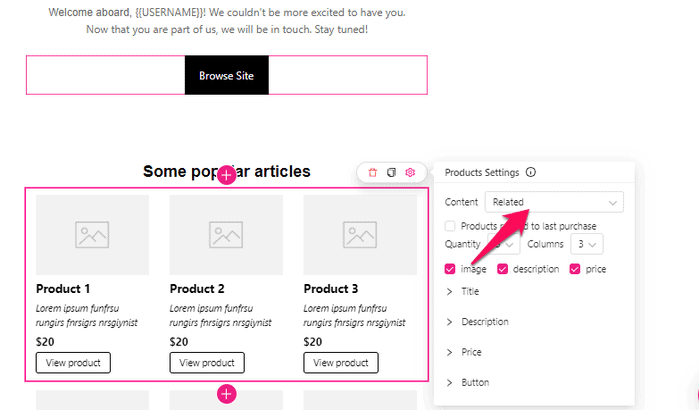 showing related products on the email
