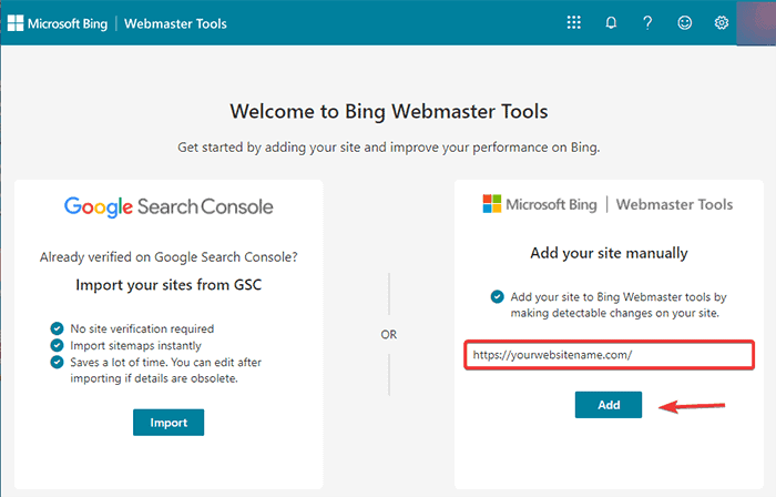 Enter the site URL in Bing Webmaster