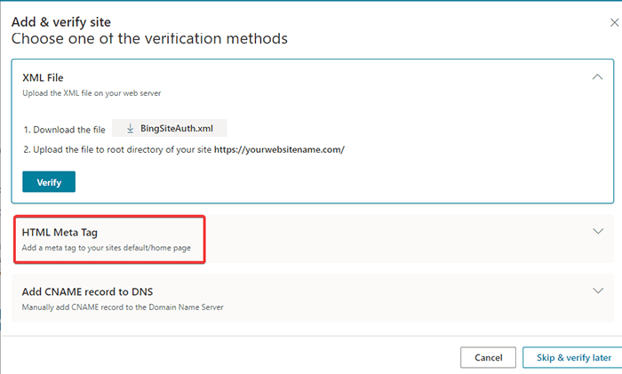 HTML meta tag option for site verification