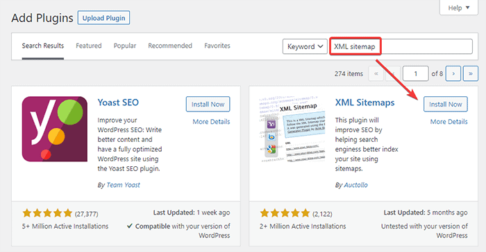 Screenshot name: installing and activating the Google XML sitemaps plugin