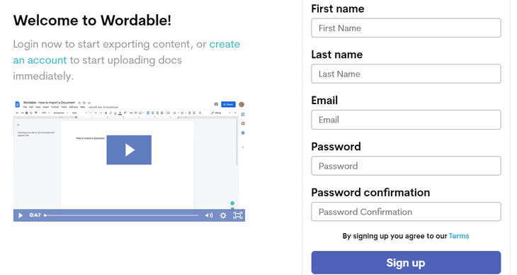 Signing up for Wordable free account