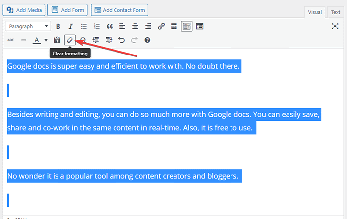 clear formatting the content in the classic editor